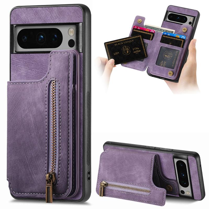 Retro Skin Wallet Back Cover for Redmi Note 13/K70/K70E/K70 Pro, for Google Pixel 9 Pro Card Slots Zipper Style case Cover