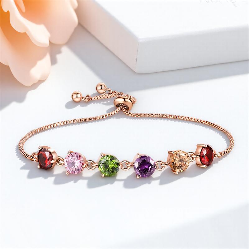 Multicolor Crystal Round Stone Rainbow Zircon Bracelets for Women Vintage Rose Gold Color Chains Bracelet Wedding Jewelry Gifts