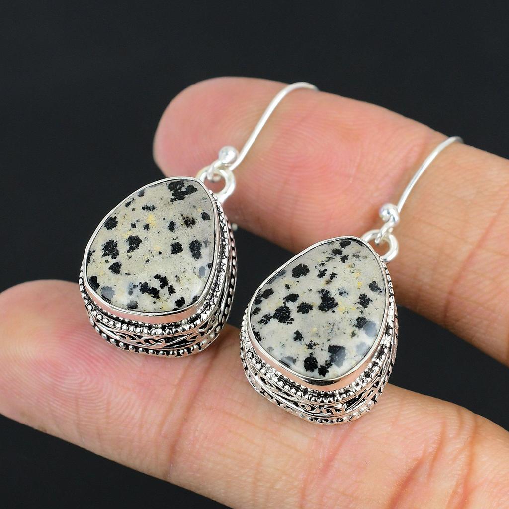 Sterling Silver Dalmatian Jasper Stone Sister Trendy Dangle Handcrafted Earrings