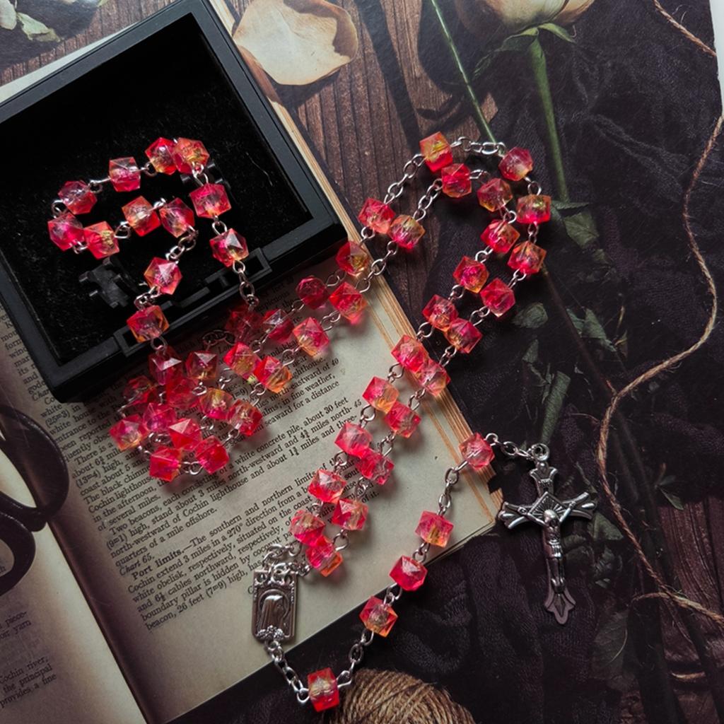 Colorful Beads Gothic Necklace with Long Pendant Cross Rosary Necklaces Unique and Durable Hangable Pendant Bead Chain