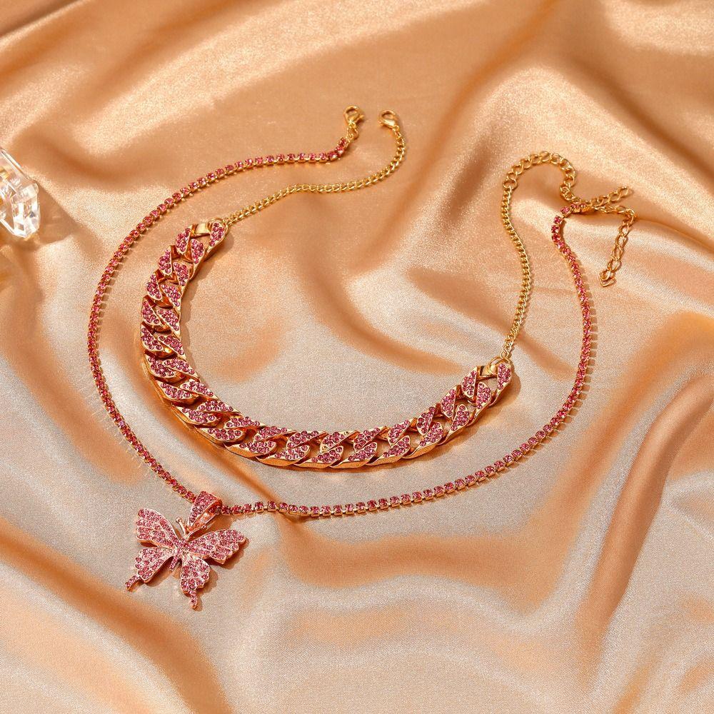 Rhinestone Bling Necklace Trendy Fashion Collars Necklace Butterfly Pendant Necklace for Women