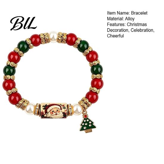 Holiday Party Outfit Accessories Christmas Bracelet, Elastic Stretch Beaded Bracelet with Xmas Jewelry Collection Tree Charm, Gifts for Women
