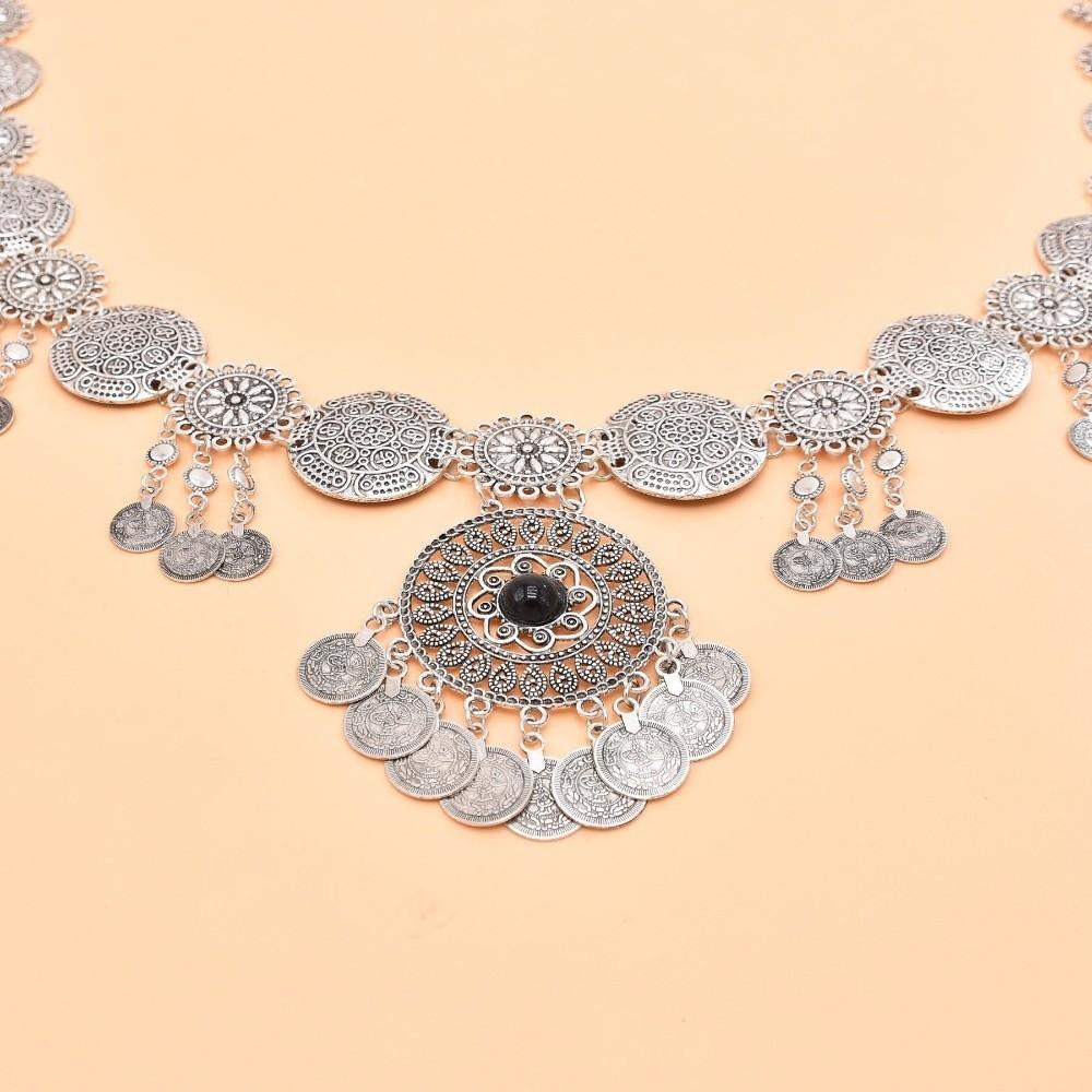 Fashion Vintage Coin Belt Golden Silvery Alloy Coins Fringed Belt Carved Flower Long Tassel Waist Chain Ethnic Style