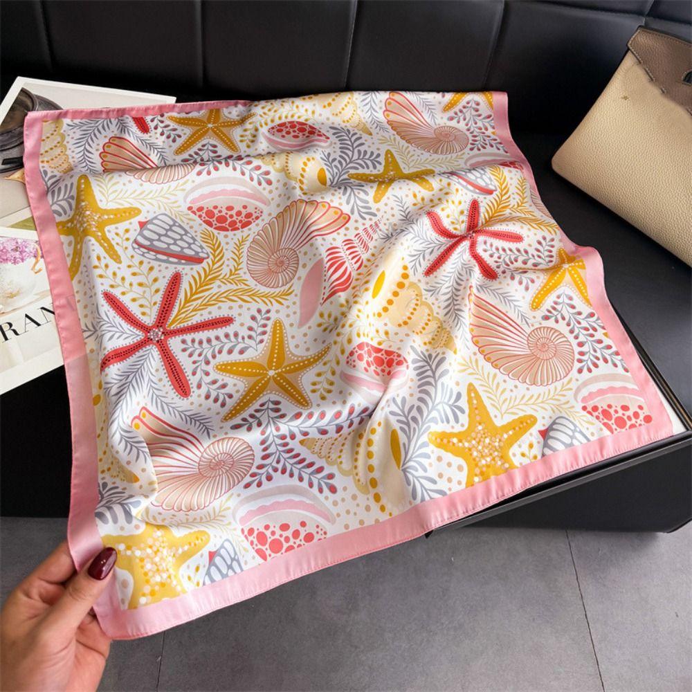 Conch Starfish Print Scarf Sea Star Shell Silk Scarf Retro Satin Hijab Waist Scarf
