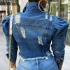 Fashion Women's Solid Button Wear Out Long Puff Sleeve Denim Jacket Coat