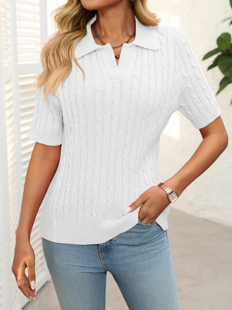 2025 Summer Women's Short Sleeve Lapel Collar V-Neck Cable Knit Pullover Sweater, Casual Chic Knitted Top for Daily & Office Wear