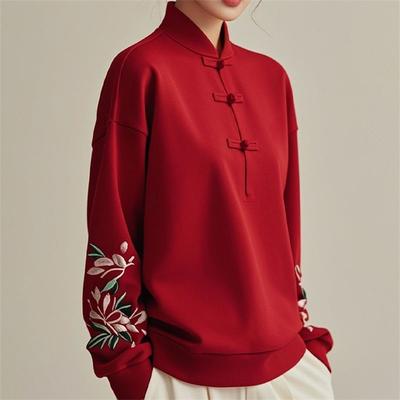 New Chinese Style Buckle Embroidered Stand Collar Red Sweatshirt Women Autumn Winter Warm Long-sleeved Top