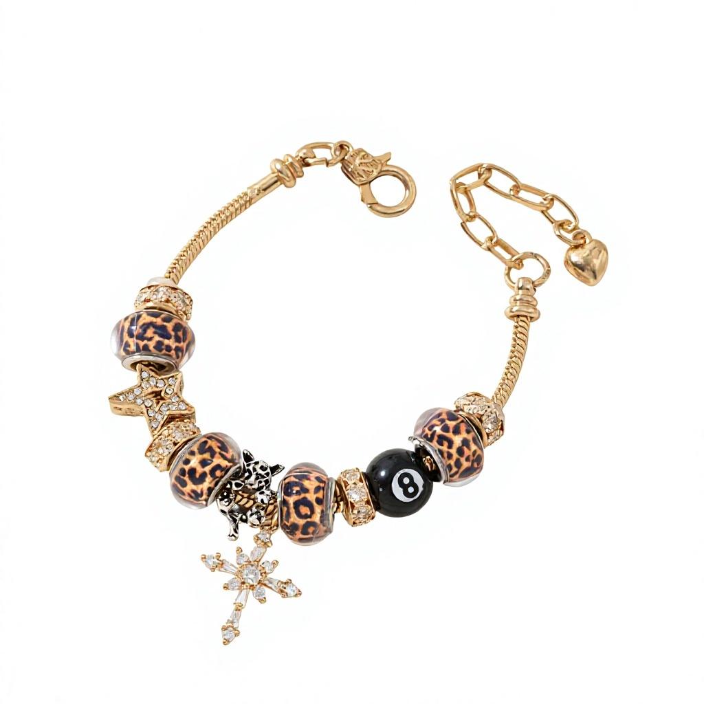 Hot-Selling DIY Beaded Bracelet Pan Family Cross-Border Copper Inlaid Zircon Leopard Print Bead Black Eight Fashion Trendy