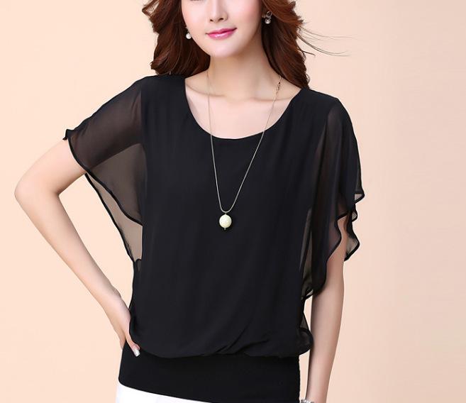 

Літня корейська шифонова блузка 2024: Жіночий топ з коротким рукавом, великого розміру, приталений, з рукавом летюча миша 2XL чорний