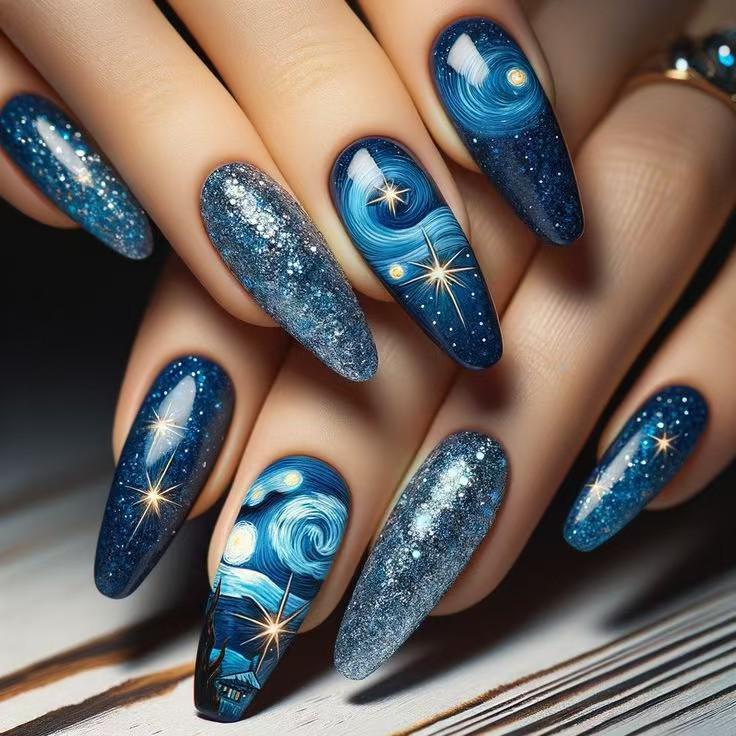 Cross-Border Wearable Nebula Blue Nail Art Set - 24 Pieces of False Nails No Specific Size Details