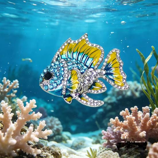 Broche Speld Emaille Afwerking Strass Inleg Tropische Vis Ontwerp Legering Speld Galvanisch Behandelde Basis Past bij Jassen Truien Badge