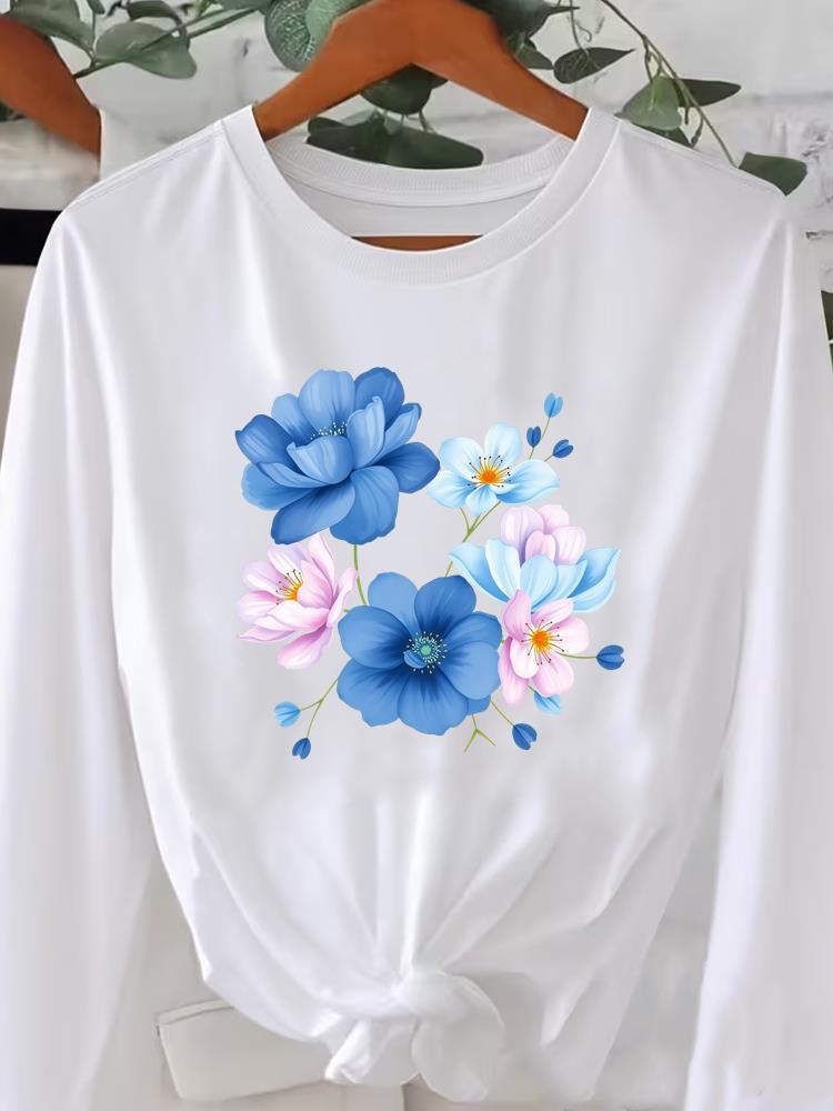 (Asian Size) O-neck Women T Shirt Tee Lady Watercolor Flower Trend Printed Female Clothing Casual Fashion Top Long Sleeve  Graphic T-shirts