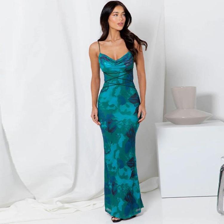 Sleeveless Strapless Print Camisole Slim High Waist Pencil Dress Ankle Length Backless Slit Spring Dresses Women Casual