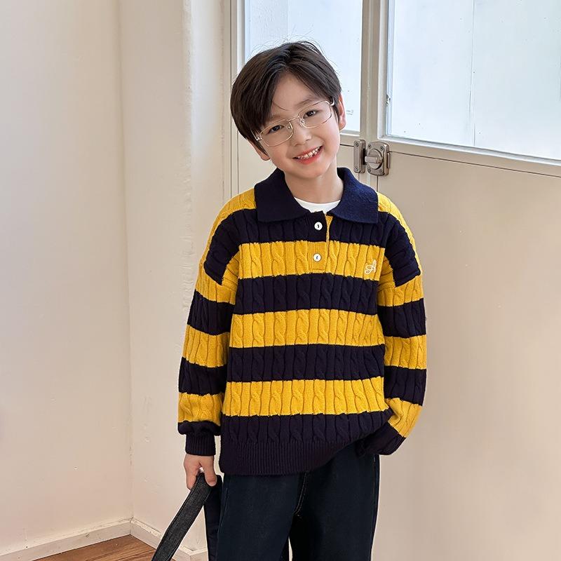 Unisex Kids Thick Striped Knit Sweater Turn Down Collar