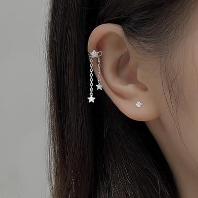 Pendientes de Clip de borla de estrella de doble capa de circón para mujer y niña, Clip para hueso del oído, accesorios de joyería de regalo dulce