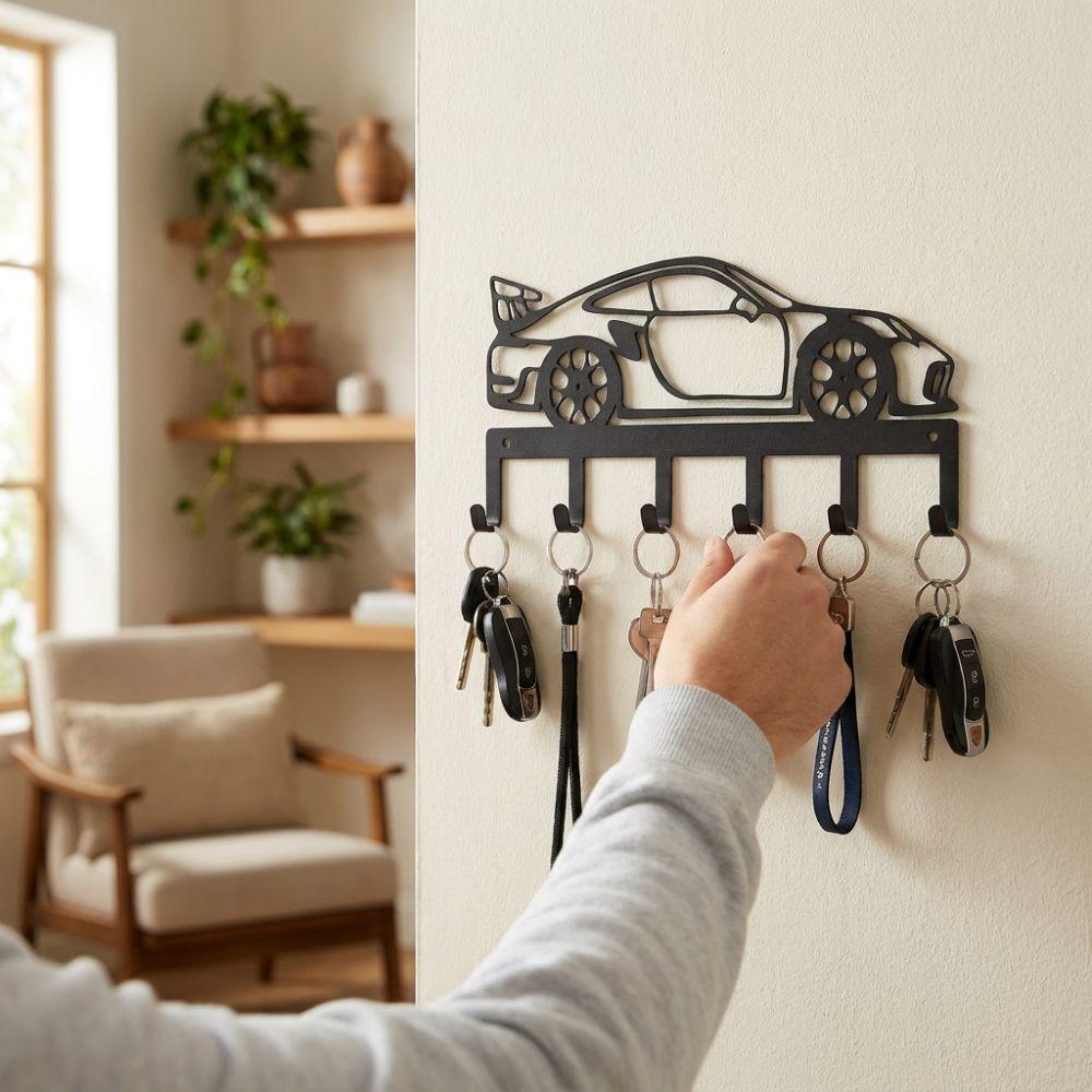 Sturdy 6 Hooks Metal Car Key Holder Black Minimal Cutout Race Car Hook Garage
