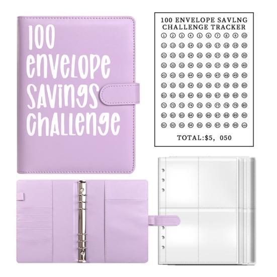 100 Envelope Savings Challenge Kit PU Binder with Numbered Pockets And Progress Trackers A5 Budget Planner for Couples Individuals