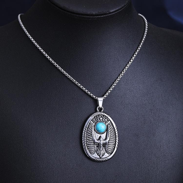European & American Retro Turquoise Flying Eagle Titanium Steel Pendant Necklace