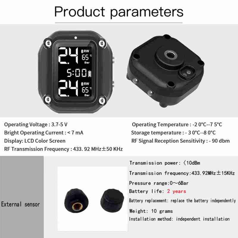 Motorcycle Wireless Tire Pressure Monitoring System USB Charging TPMS for Motorcycle with 2 External Sensors