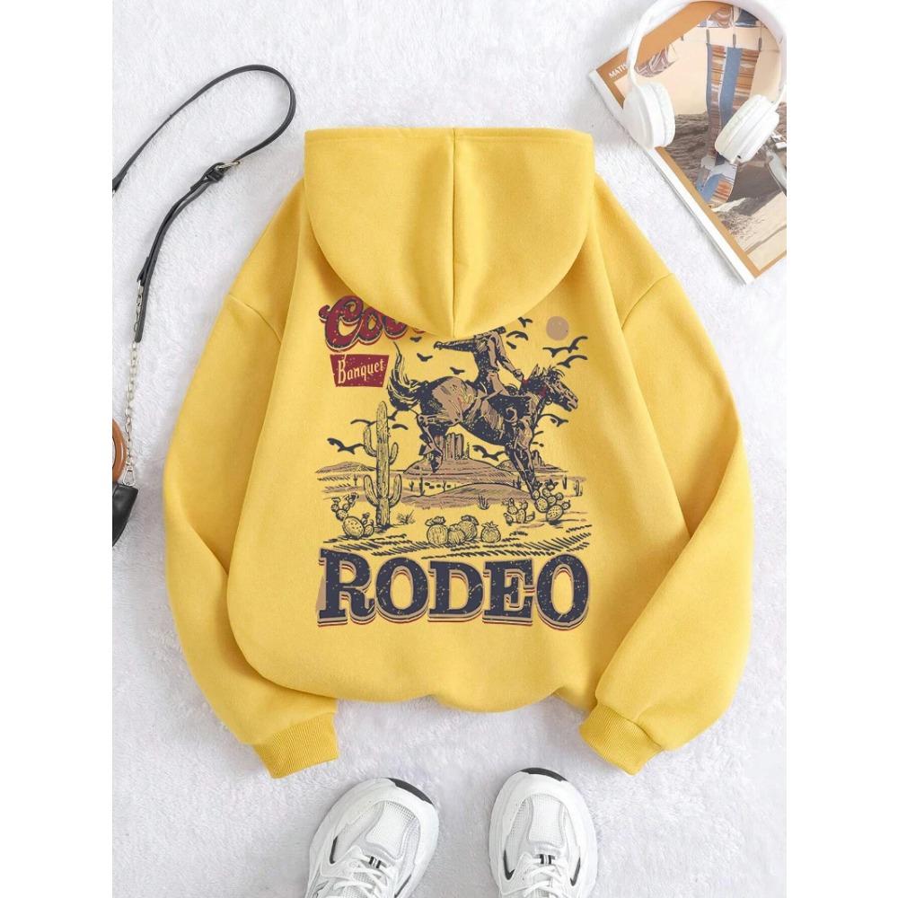 Rodeo Hoodie Women Vintage Cowboy Printing Hooded Warm Pocket Pullovers Autumn Winter Comfortable Woman Clothing