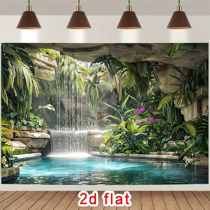 2D Tropical Stone Cave with Waterfall and Turquoise Water Studio Background