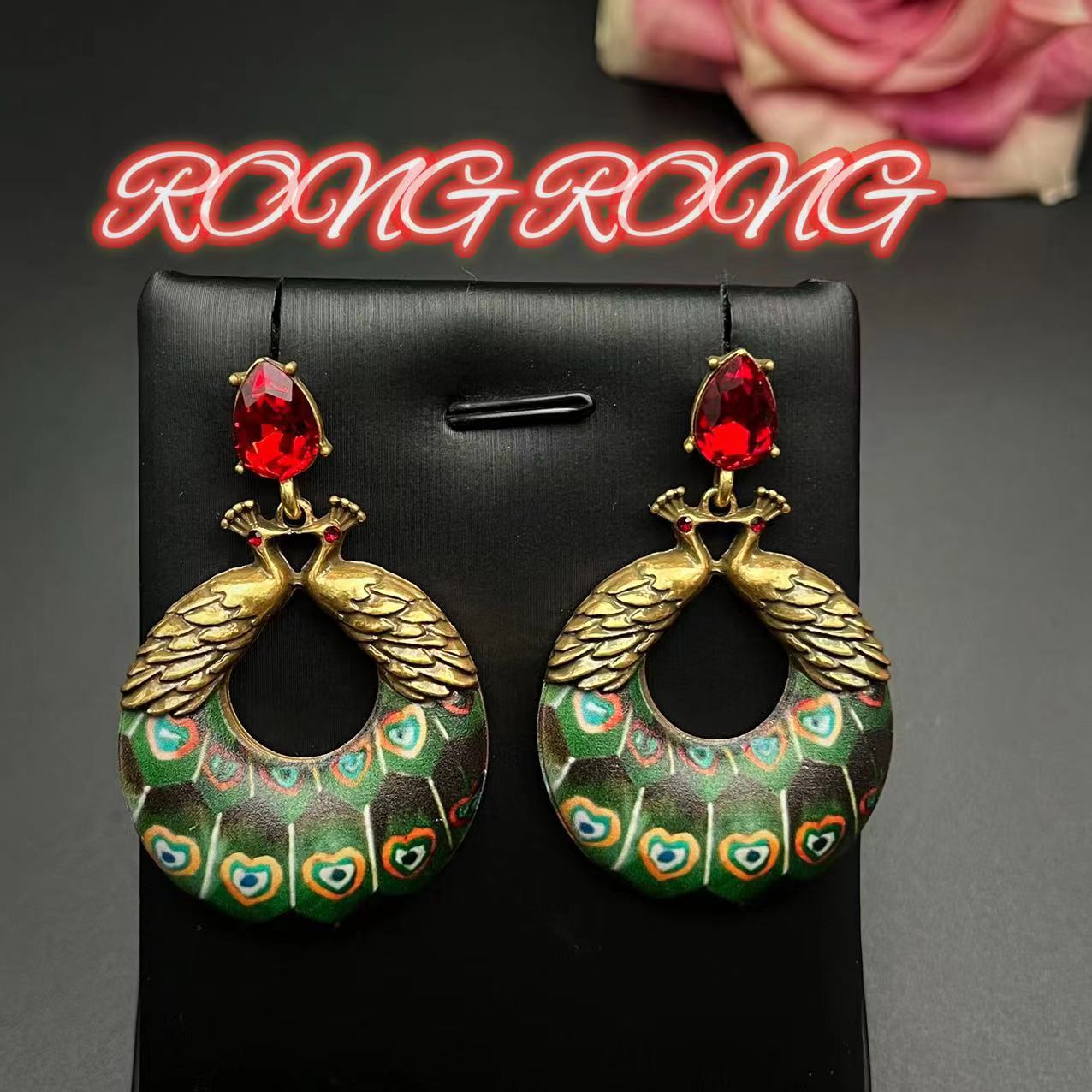 Medieval Vintage Niche Designer Peacock Earrings Heavy Industry Ruby Antique Style Classical Temperament
