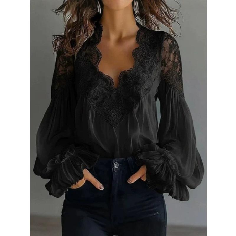 Women Lace Blouses and Shirts Ladies Puff Sleeve V-neck Tops Shirts