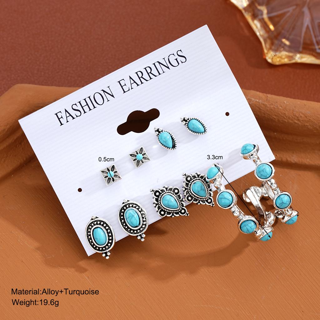 Vintage Turquoise Tibetan Silver Color Earring Sets For Women Boho Ethnic Geometric Heart Shape Leaf Shell Drop Earrings Jewelry