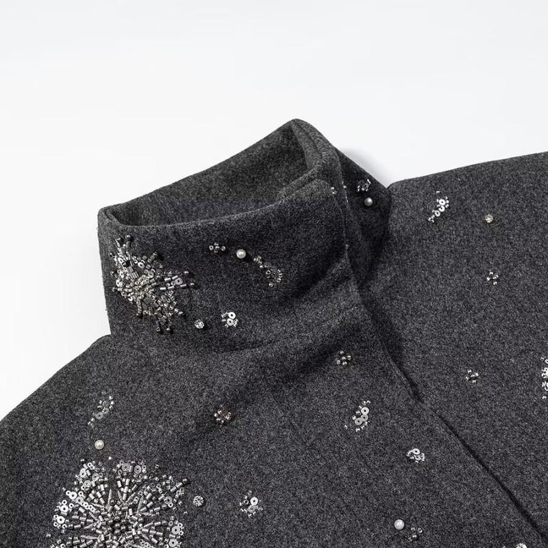 Womens Winter Fashion Stand Collar Zip Sequin Jacket Wool Blend Coat