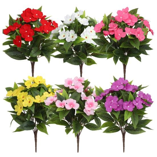 8 Bundles Artificial Impatiens Flowers for Outdoors UV Resistant Faux Impatiens Bushes Fake Silk Shrubs with Stake for Outside Front Porch Garden