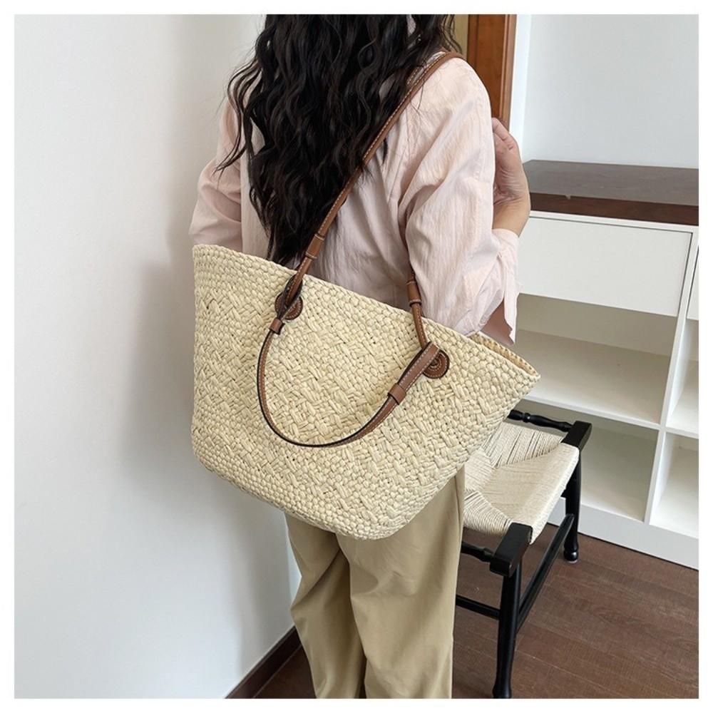 Summer Handmade Straw Woven Basket Bag Simple Design Large Capacity Vacation Handbag Stylish Shoulder Bag