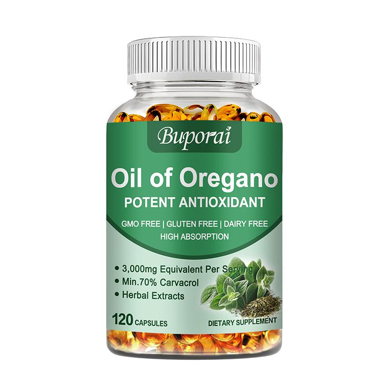 Buporai Oregano Oil Extract Capsules, 3000 mg per serving, provide immune support, enhance the immune system, and promote gut health. 120