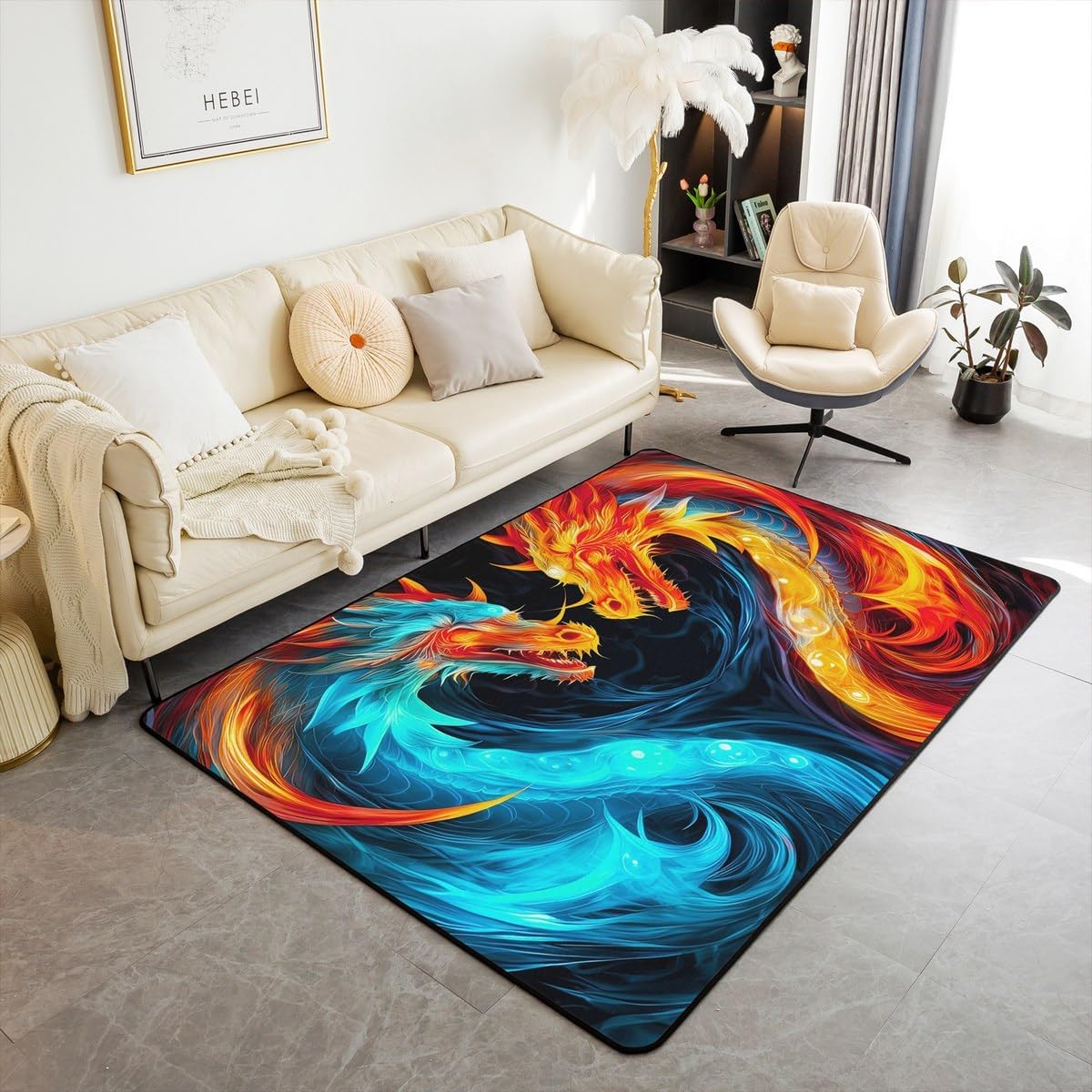 

3D Dragon Area Rug Magical Animal Rug for Teens Boys Blue Mysterious Wildlife Carpet Cartoon Starry Sky Clouds Non Shedding 60x90CM