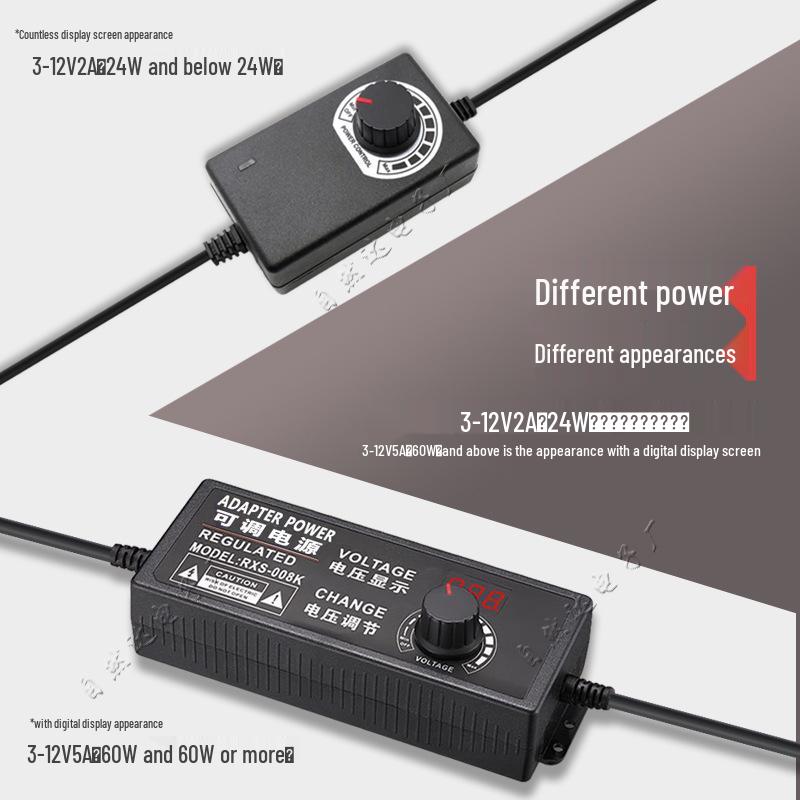 Adjustable 3-12V 2A/5A 60W Power Adapter with Stepless Dimming for Light Strips, Water Pumps, and Motor Control (24W)