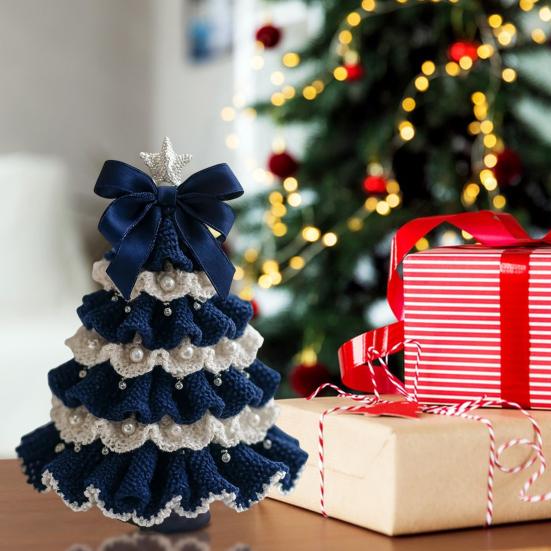 Handmade Crochet Christmas Tree DIY Crochet Christmas Tree Kit with Bow Faux Pearl Decor Holiday Craft Starter Set for Beginners