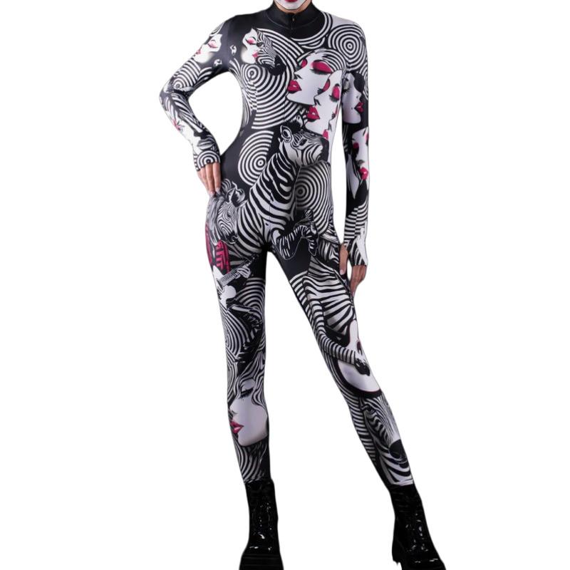 Zebra Lines Women Face 3D Digital Printing Jumpsuit Adults Stage Dance Performance Outfit Halloween Party Dress Up Costume