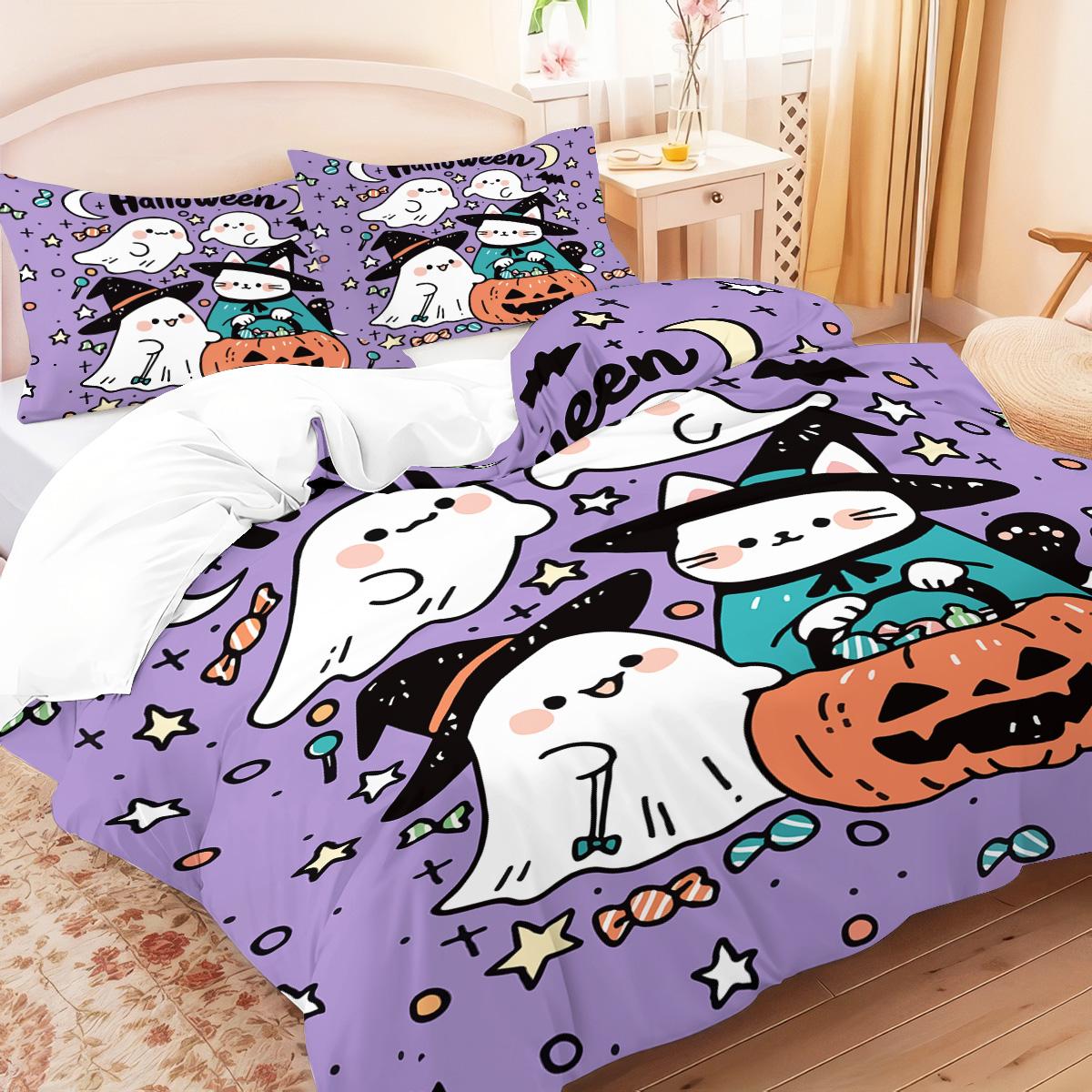 

3-piece Halloween themed purple cute ghost pumpkin pattern duvet cover set, 1 duvet cover+2 pillowcases, coreless 135x200cm-EU-Single&set