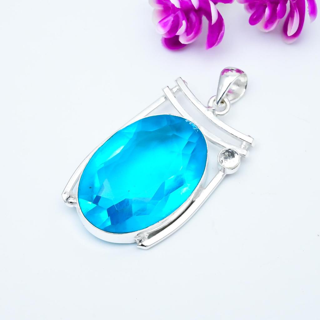 Blue Topaz, White Topaz Pendant, 925 Solid Sterling Silver Jewelry, Gemstone Pendant, Gift For Her Handmade Dainty Jewelry