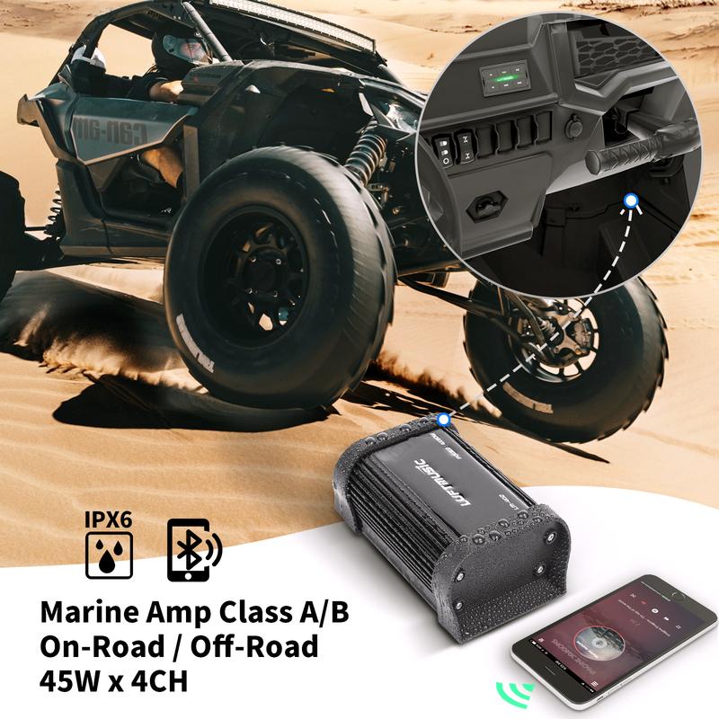 Bluetooth Marine Amplifier 4 Channel Full Range Waterproof Motorcycle Amp with Wireless Remote Easy Install for Audio Systems