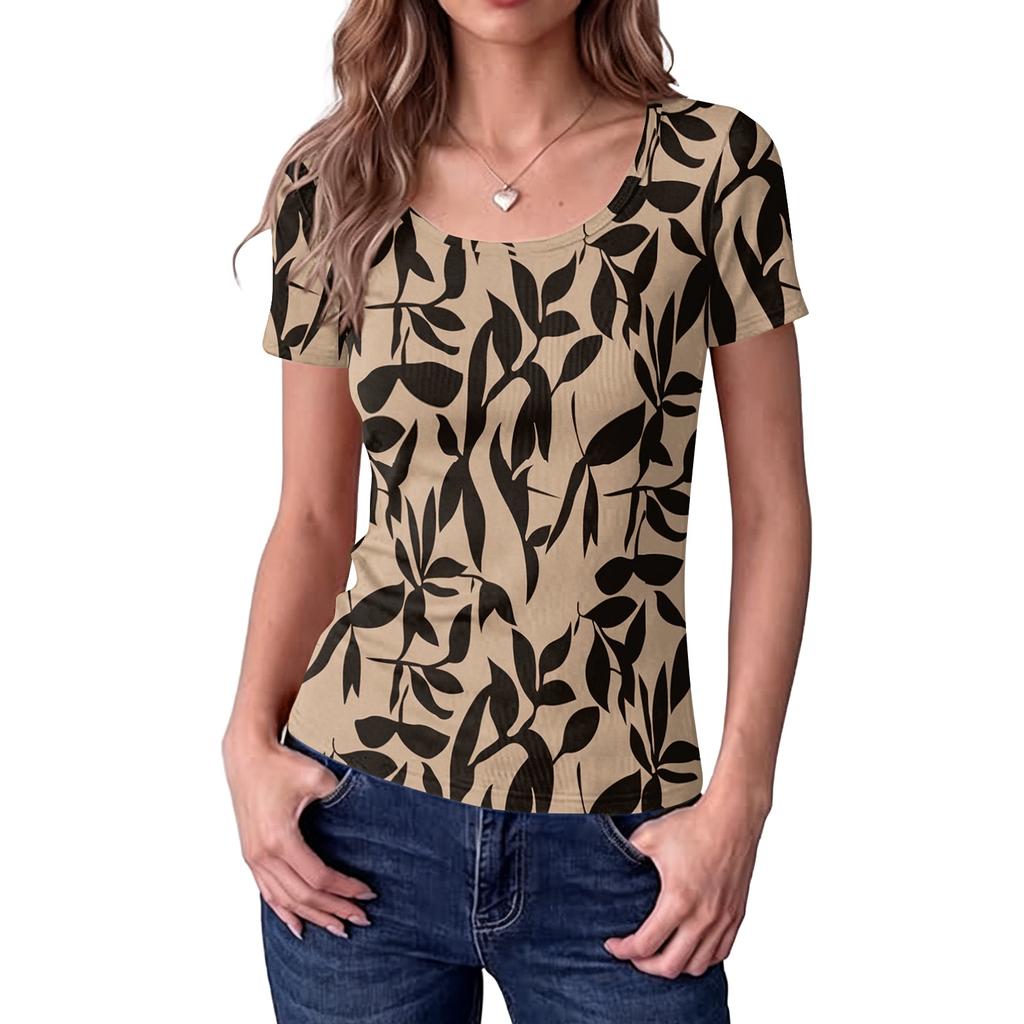 Women Slim Fit Square Neck Short Sleeve Top Retro Floral Print Stretchy Ribbed Fabric Casual Daily Wear