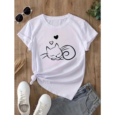 Women's Casual T-Shirt with Cute Cat Heart Design Printed Short Sleeve Round Neck Perfect for Summer