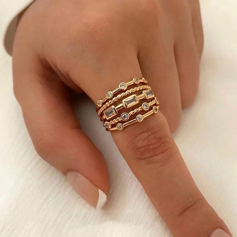 New Stainless Steel 18 K Gold Plated Sun Rings for Women Natural Stone Inlaid in Hollow Metal Texture Ring Trendy Jewelry