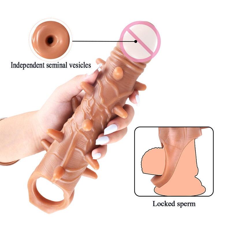 Reusable Long Spike Condoms Enlarger Extender Penis Cock Sleeve Extender Strong Vibrator