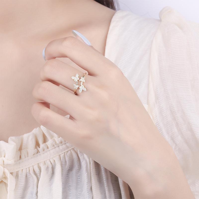 Open Adjustable S925 Sterling Silver Butterfly Ring with Full Diamonds