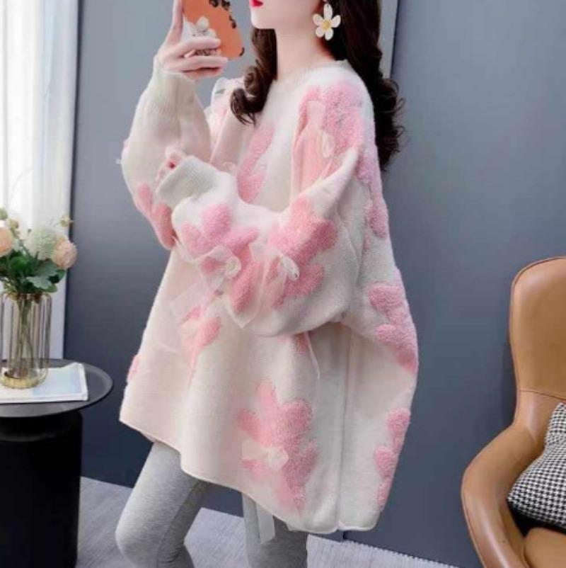Cartoon Pink Women Sweaters Bows Autumn Winter Fashion Sweet Pull Women Kawaii Loose Warm Retro Pullovers One size 2717₽
