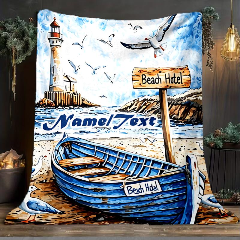 1PC Custom Name Beach Hotel Signage Scene Outdooor Flannel Blankets Throw Blanket All-Season Throw Gift Bedspread for Couch, Bed, Camping Holiday Birt