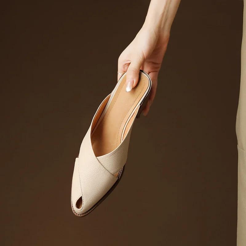 Fashion 2024 Summer Slippers Women Genuine Leather Shoes for Women Pointed Toe Chunky Heel Mules Sandals Women Hollow Out Ladies Shoes