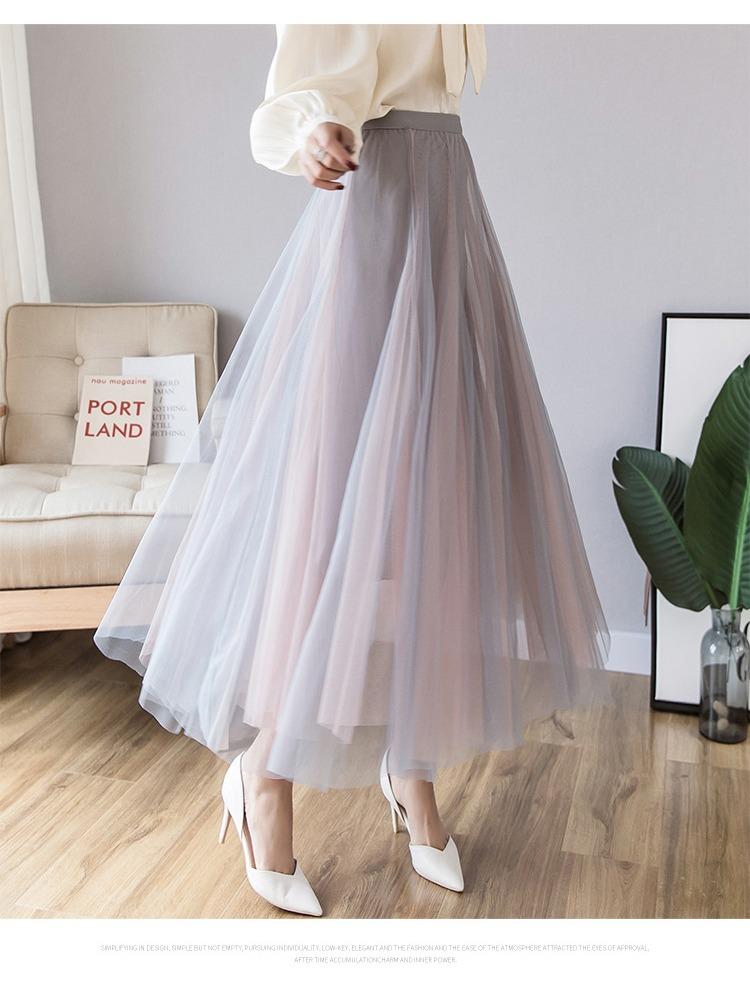 Color Collision Gaze-Rock, weiblicher Bustier-Rock, Frühling, hoch taillierter, dünner Halbrock, Super-Feen-Netzrock im langen Abschnitt, Feen-Langer Rock