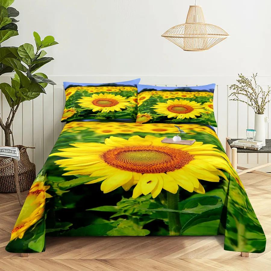Sunflower Bed Sheets and Pillowcases for Single Double Beds Bedsheets Set with Pillow Case 2pcs 3pcs Queen Full Size 3D Soft