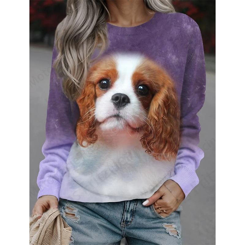 

Осенняя рубашка с длинным рукавом Свободная повседневная женская футболка Милый принт с кошкой и собакой Модная повседневная удобная футболка для работы 6XL